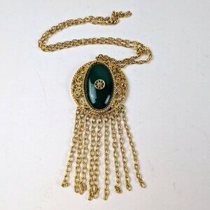 Gold-tone Green Oval Stone Tassel Necklace